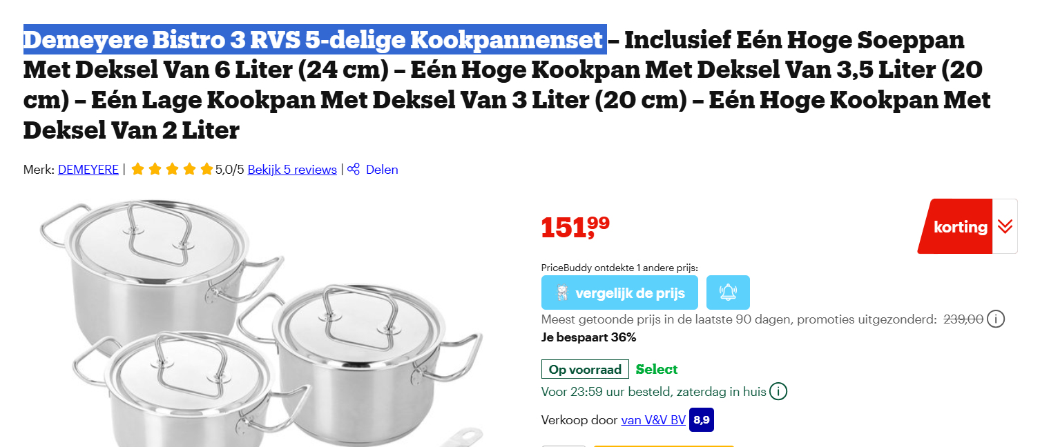 Demeyere Bistro 3 RVS 5-delige Kookpannenset - Mooie promo!