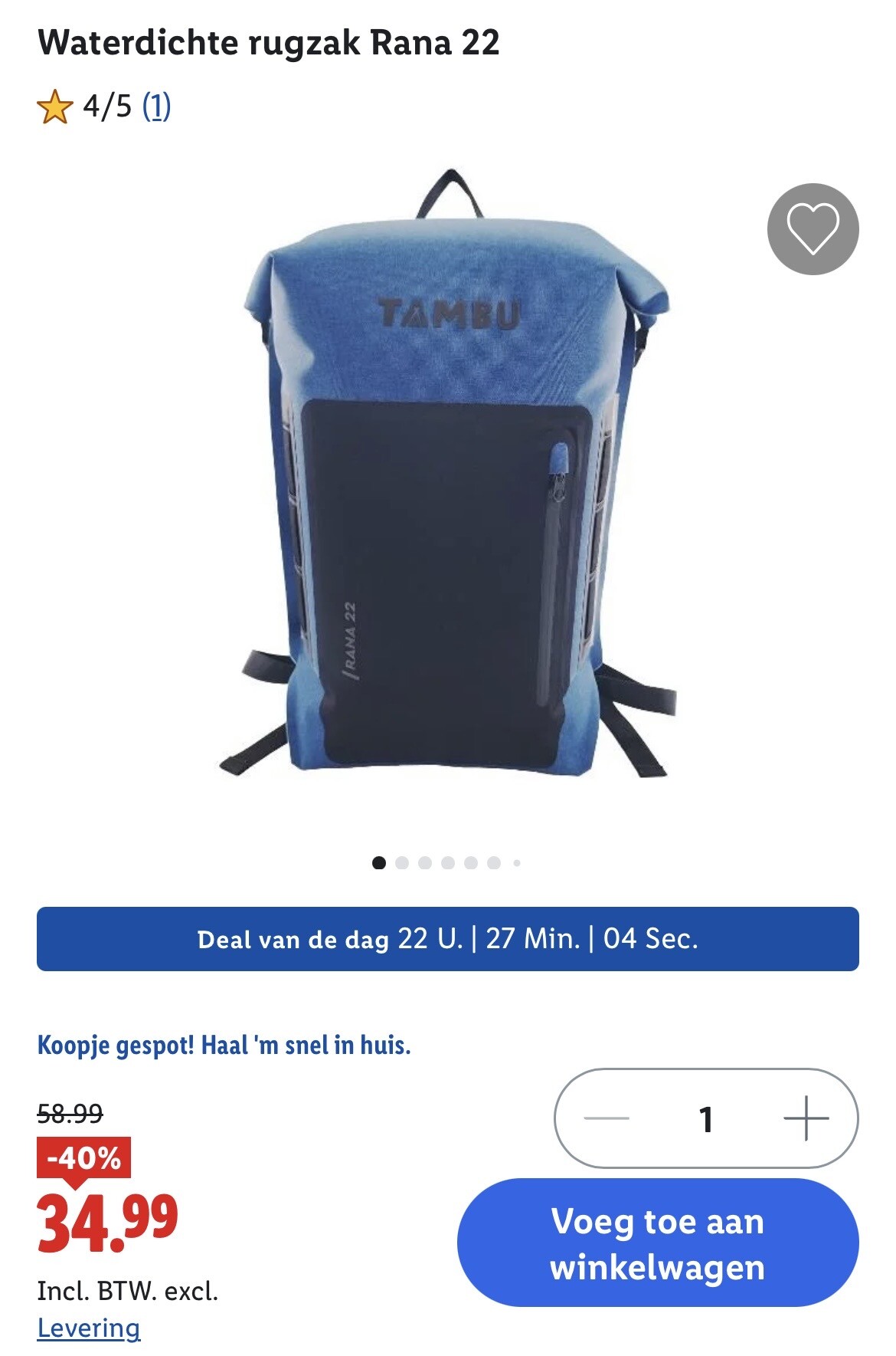Dagdeal op Lidl.be waterdichte rugzak -40%