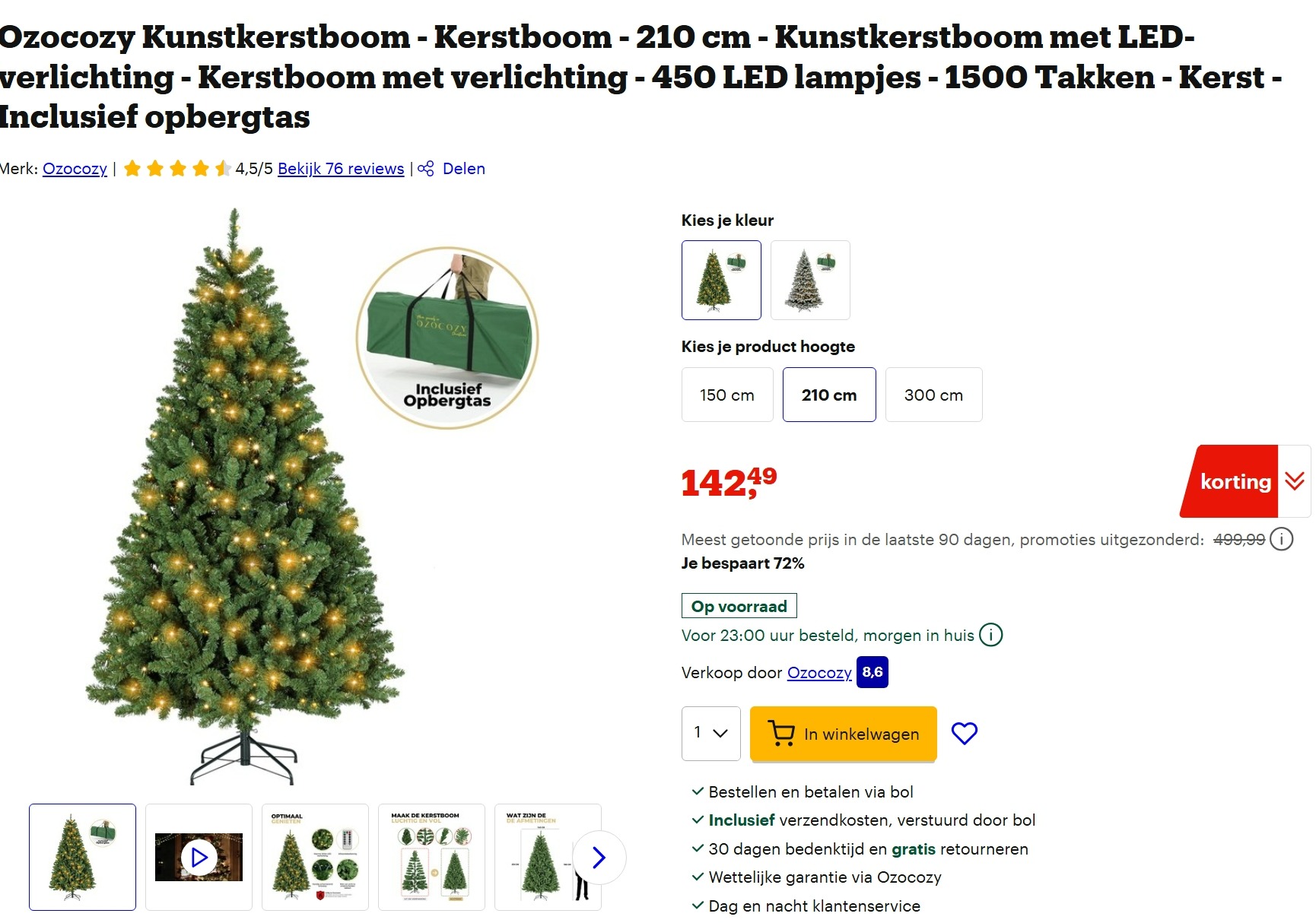 kunstkerstboom met ledlampjes -72% bij bol