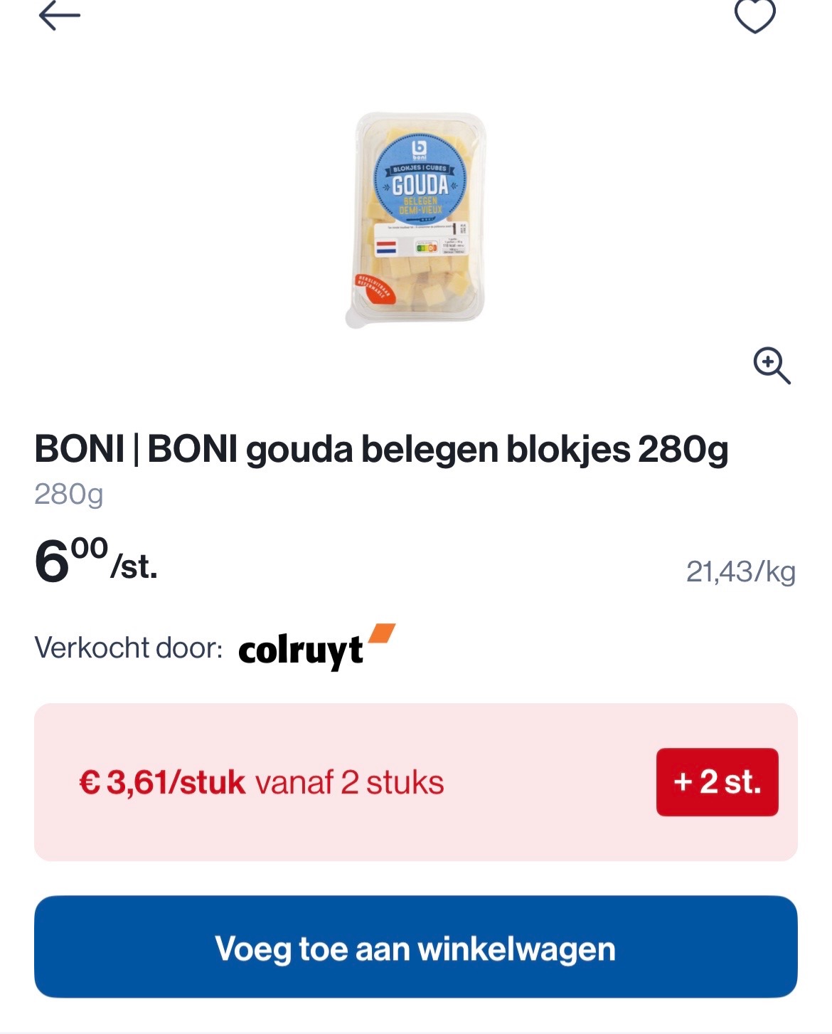 Boni Gouda belegen kaasblokjes 280 gram tot -50% bij Colruyt