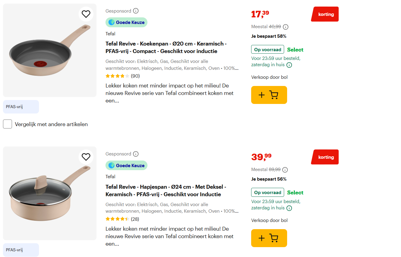 Tefal pannen tot 69% korting bij bol