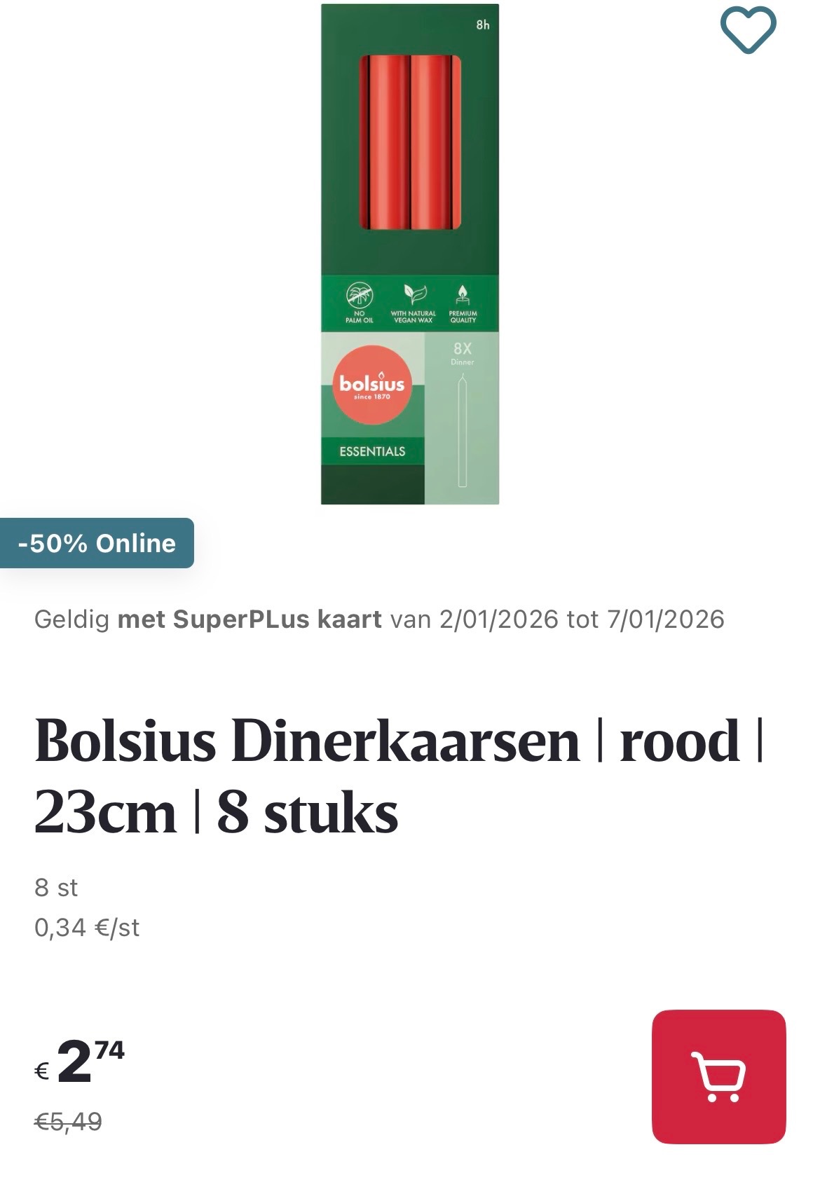Bolsius dinerkaarsen rood -50% online op delhaize.be