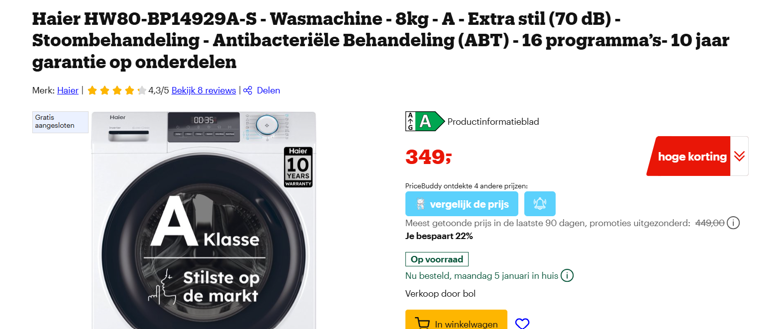 Haier HW80-BP14929A-S - Wasmachine - 8kg - A