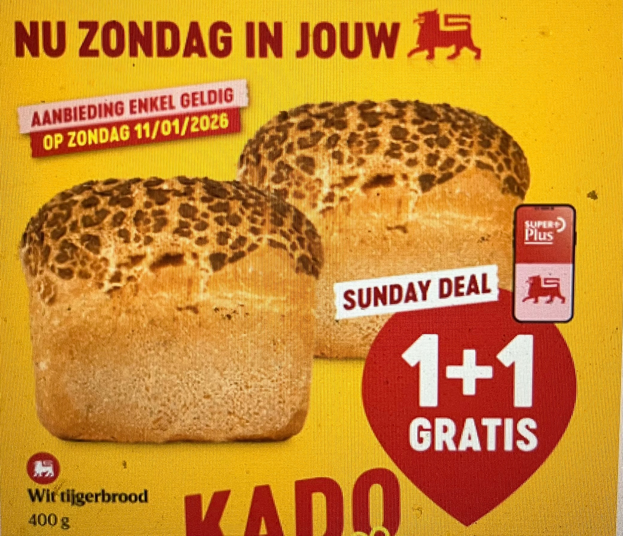 Wit tijgerbrood 400 gram 1+1 gratis bij Delhaize