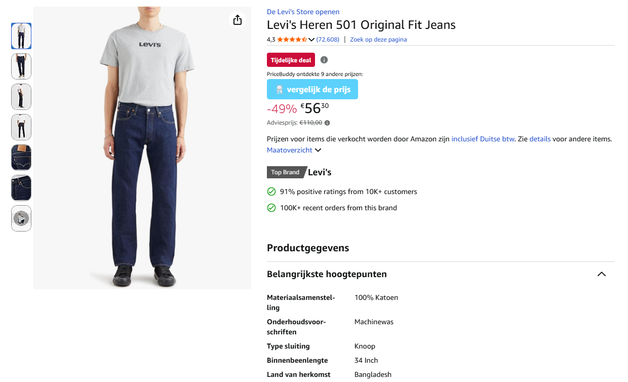 Levi's Heren 501 Original Fit Jeans tot 49% korting bij Amazon DE