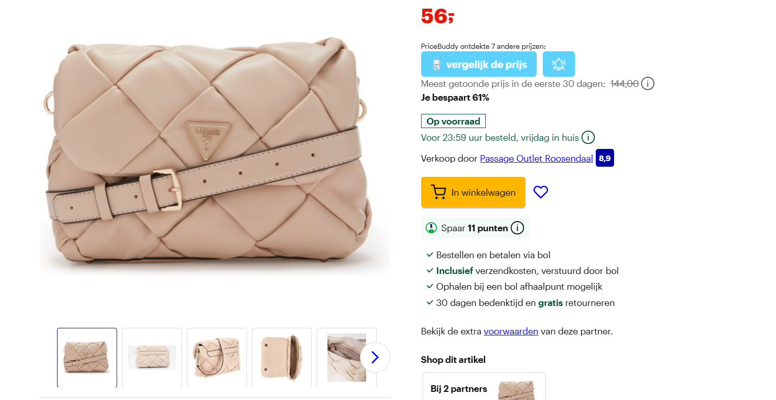 Guess handtas van 144€ naar 56€ bij bol