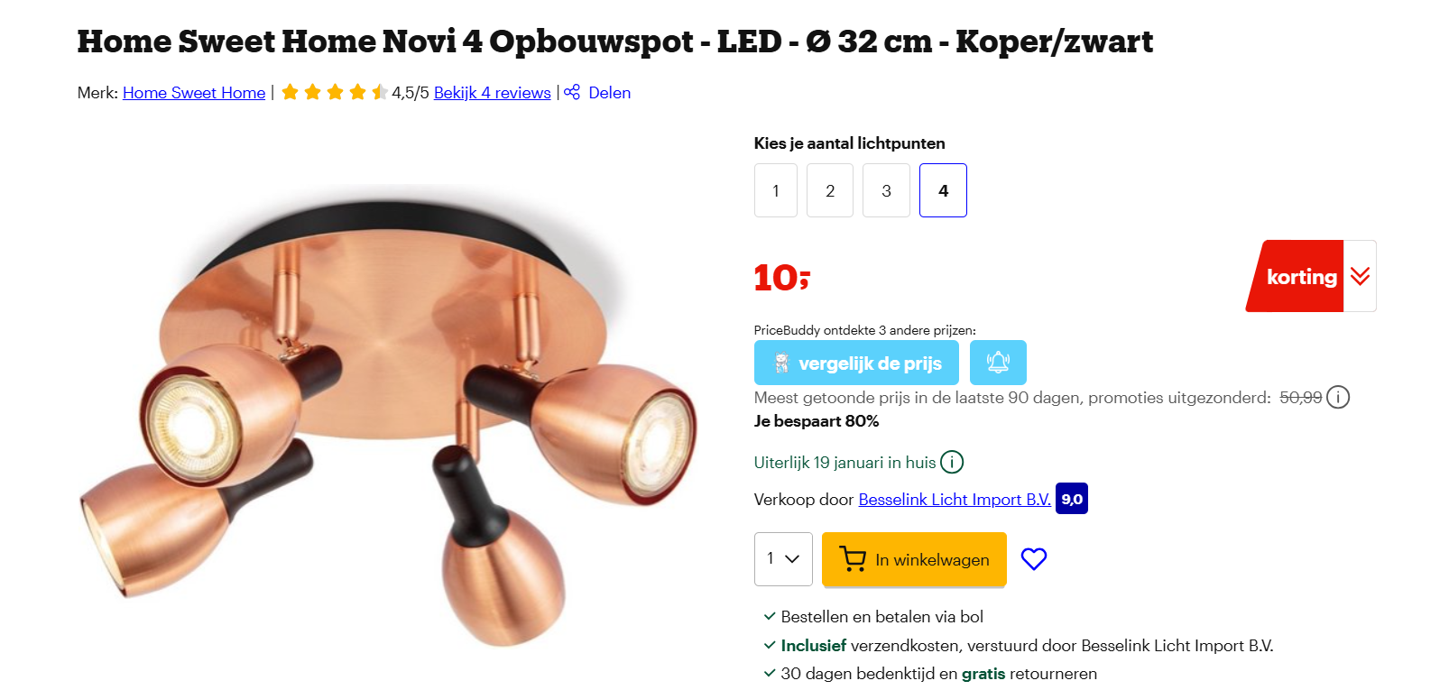 Home Sweet Home Novi 4 Opbouwspot - LED - Ø 32 cm - Koper/zwart
