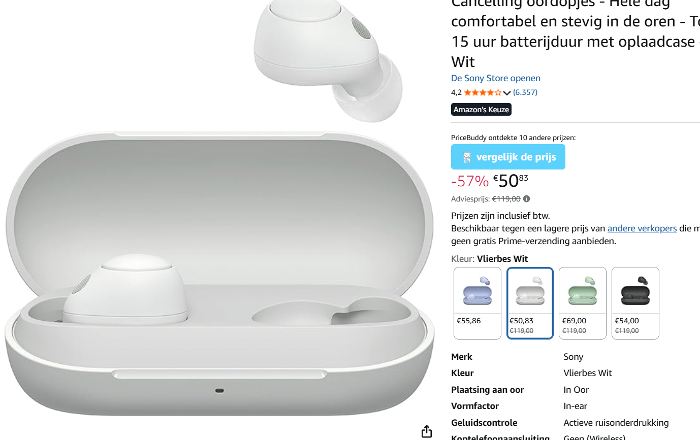 Sony Noise cancelling oortjes in wit/zwart of blauw met 57% korting
