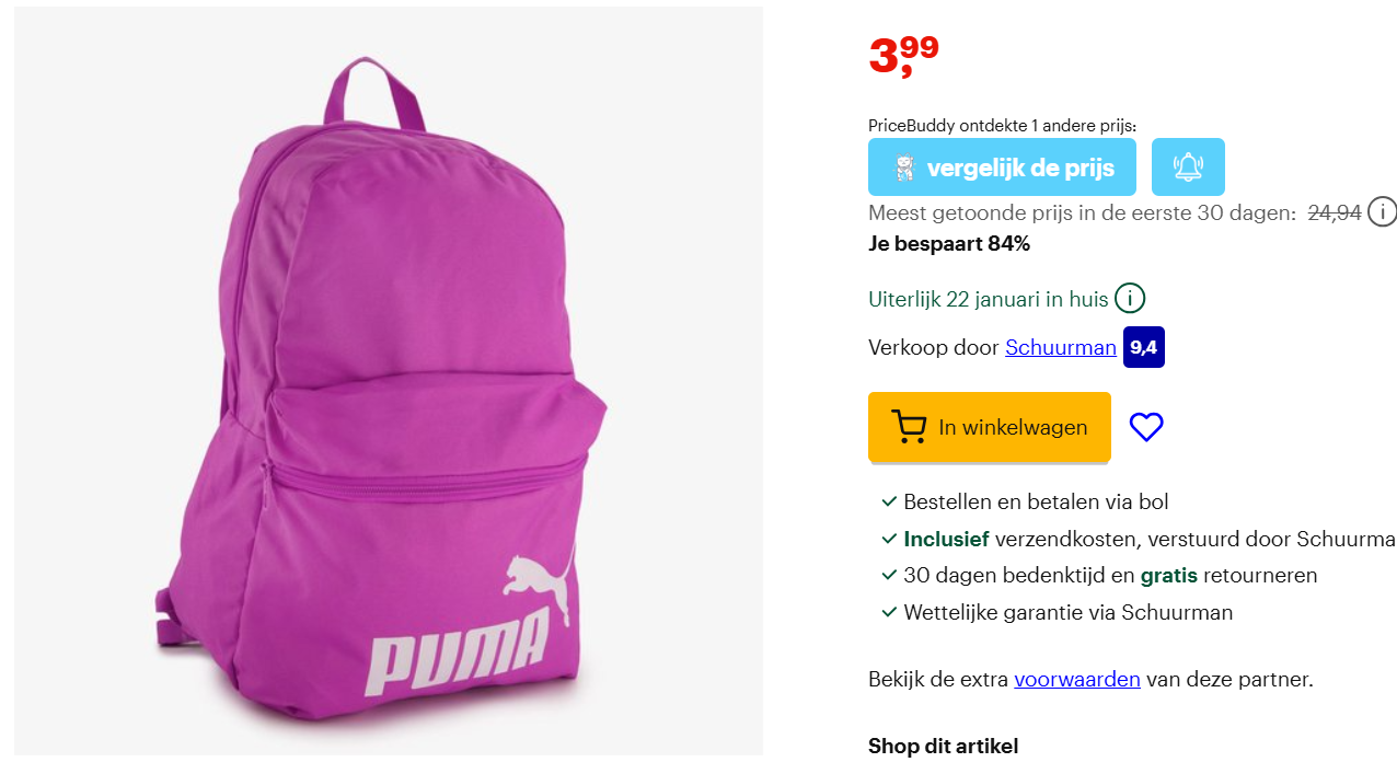 Puma rugzak aan 3,99 euro bij bol