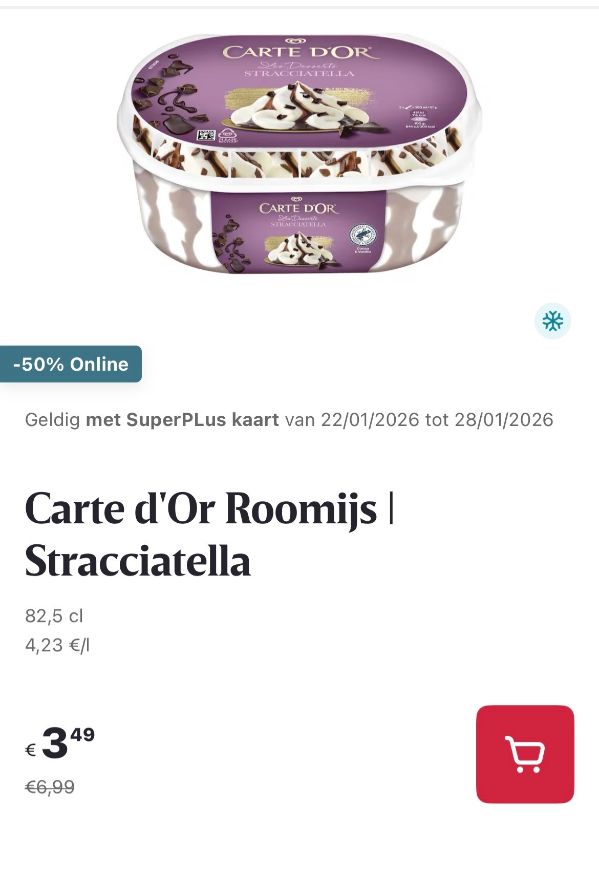 Carte d’or roomijs stracciatella -50% op Delhaize.be