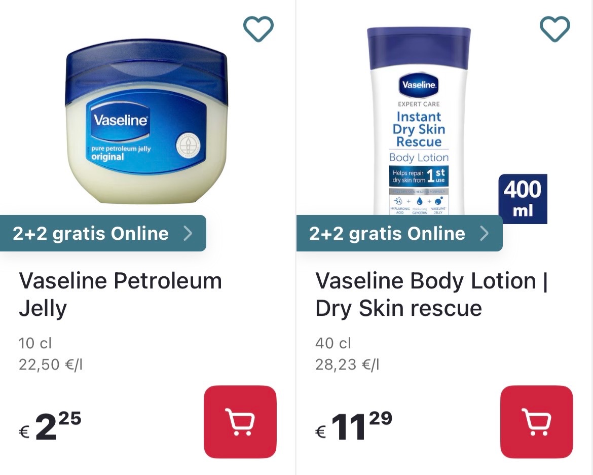 Vaseline producten 2+2 gratis op Delhaize.be