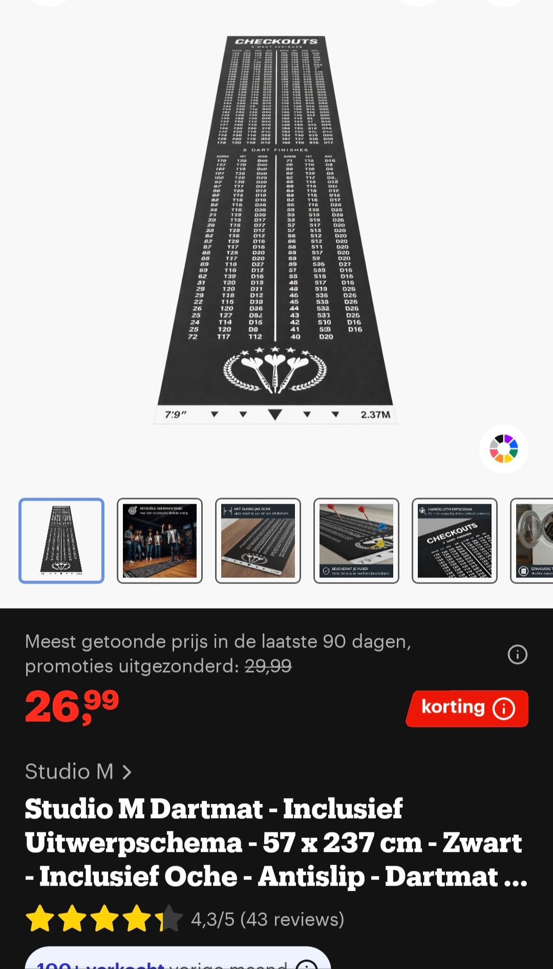 Studio M Dartmat - Inclusiet Uitwerpschema -57 x 237 cm - Zwart - Inclusief Oche - Antislip - Dartmat ..