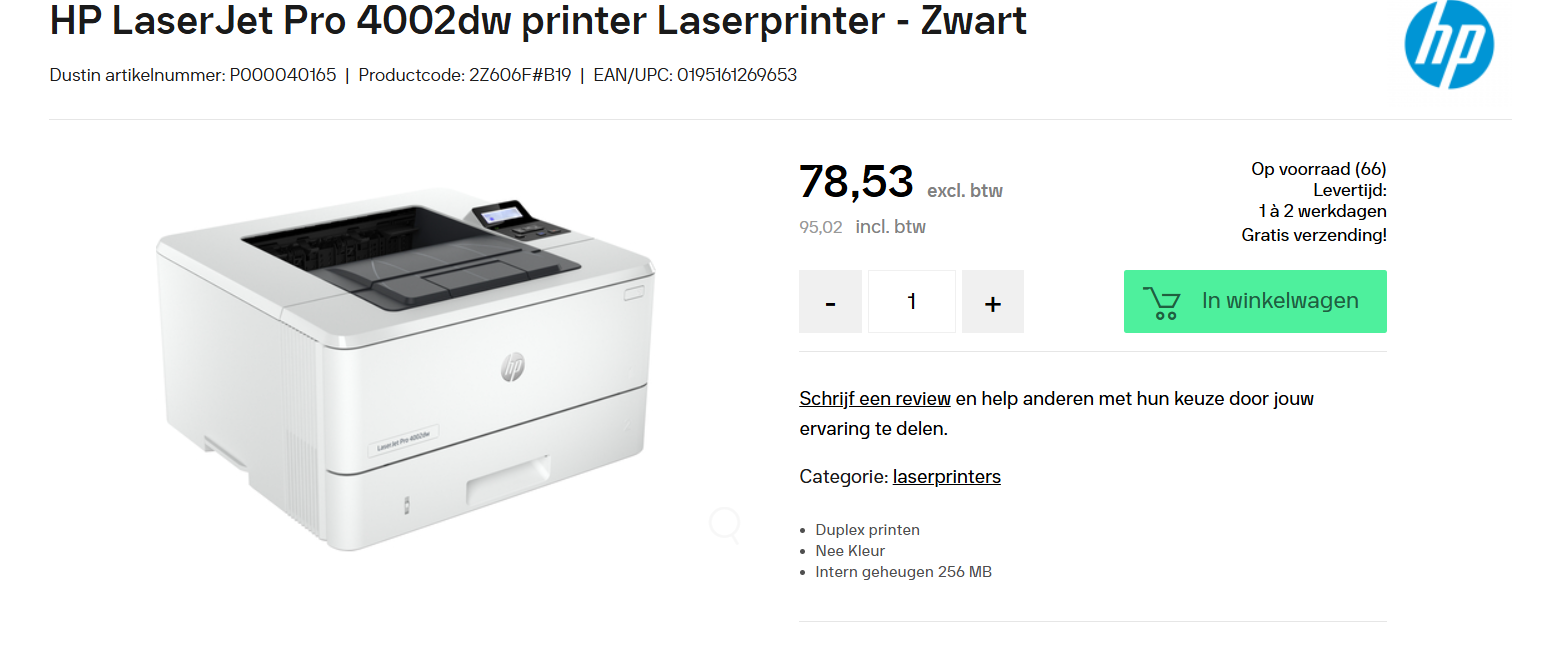 Laserprinter: HP LaserJet Pro 4002dw