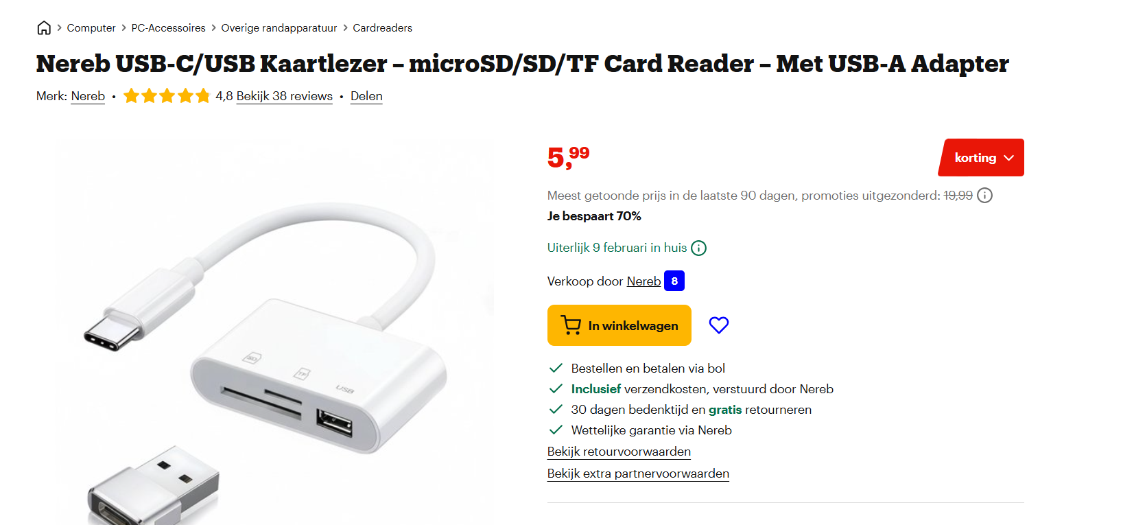 Nereb USB-C/USB Kaartlezer – microSD/SD/TF Card Reader – Met USB-A Adapter