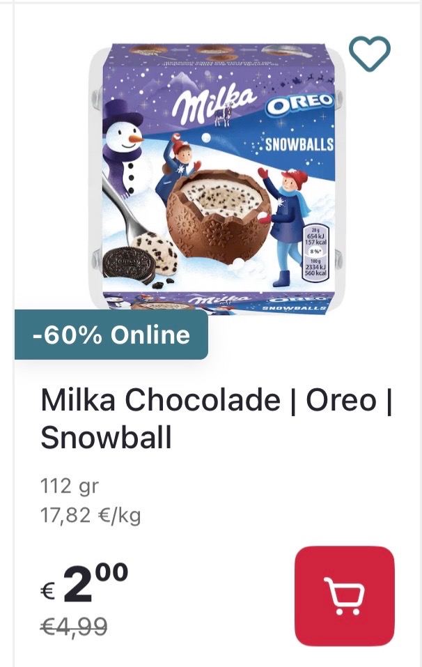 Milka chocolade Oreo snowball -60% op Delhaize.be