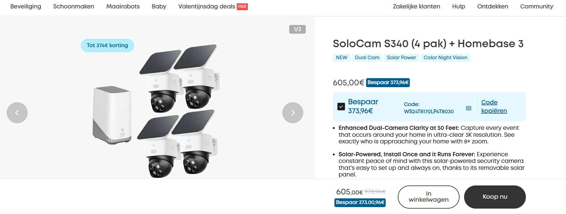 Buitencamera: SoloCam S340 (4 pak) + Homebase 3