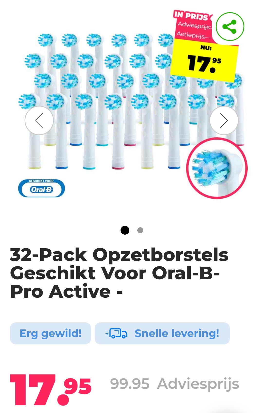 32-Pack Opzetborstels geschikt voor Oral-B-Pro Active