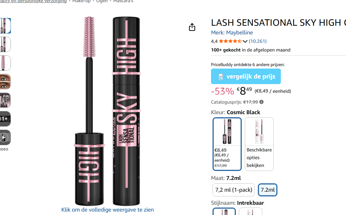 Maybelline mascara voor 8.49€ elders 17.99€