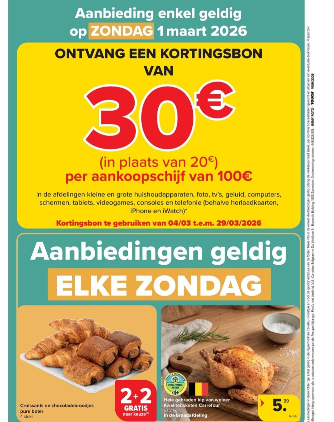 Bon €30 b.a.v. €100. 2+2 croissant en chocoladebroodjes
