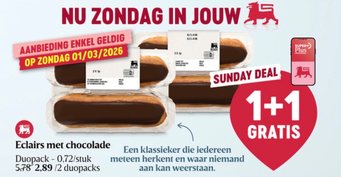 Zondagsdeal bij Delhaize 1/3/26 1+1 gratis eclairs