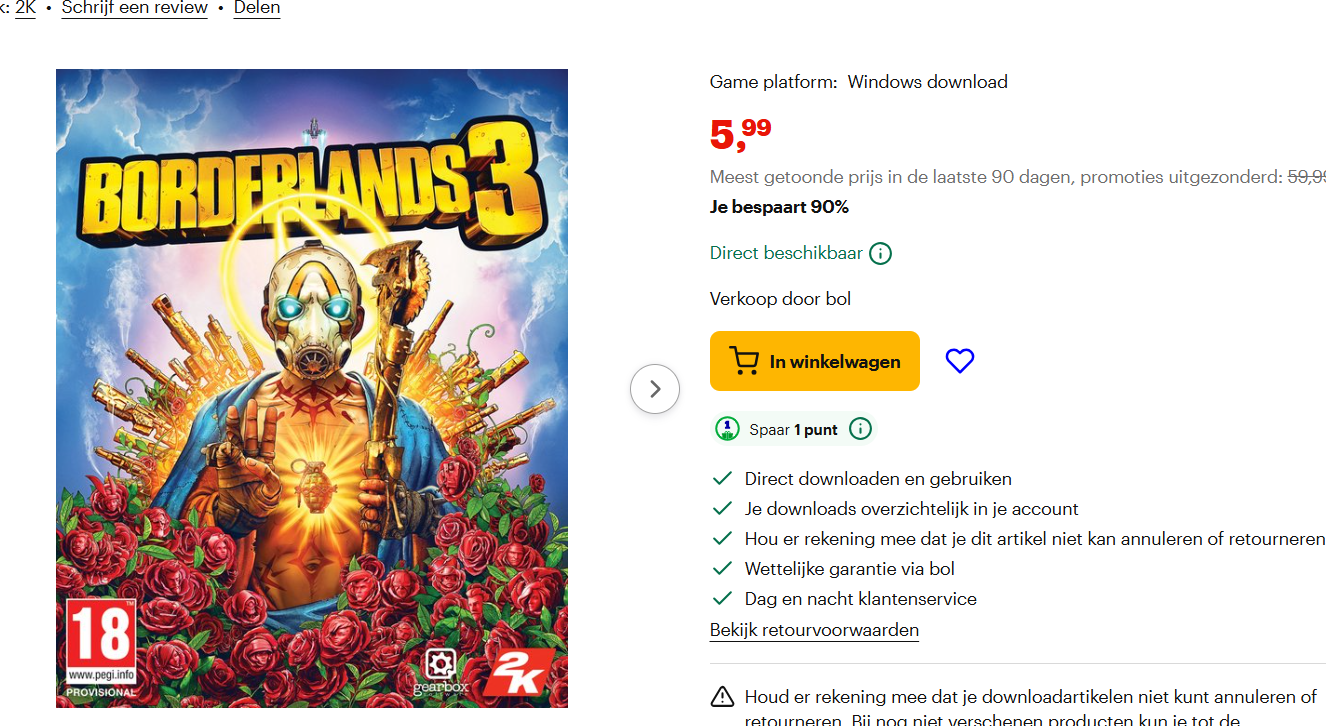 90% korting op Borderlands 3 spel