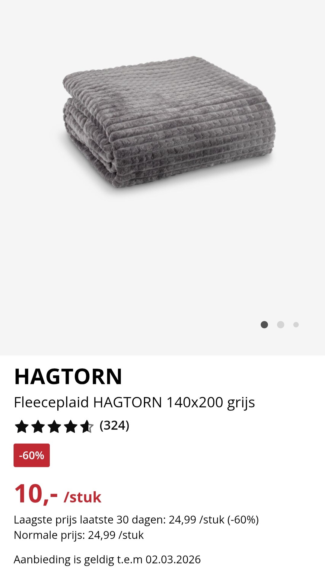 HAGTORN Fleeceplaid HAGTORN 140x200 grijs -60%