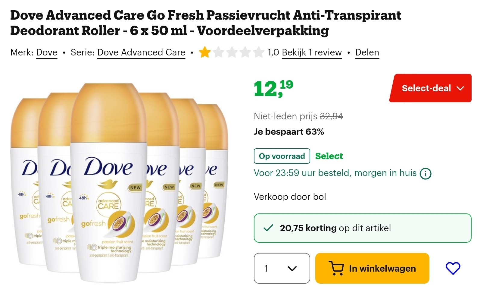 Dove deodorant roller €2,03 per stuk