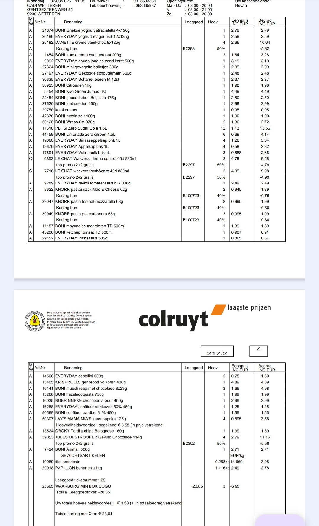 23,04€ Xtra korting gekregen bij Colruyt