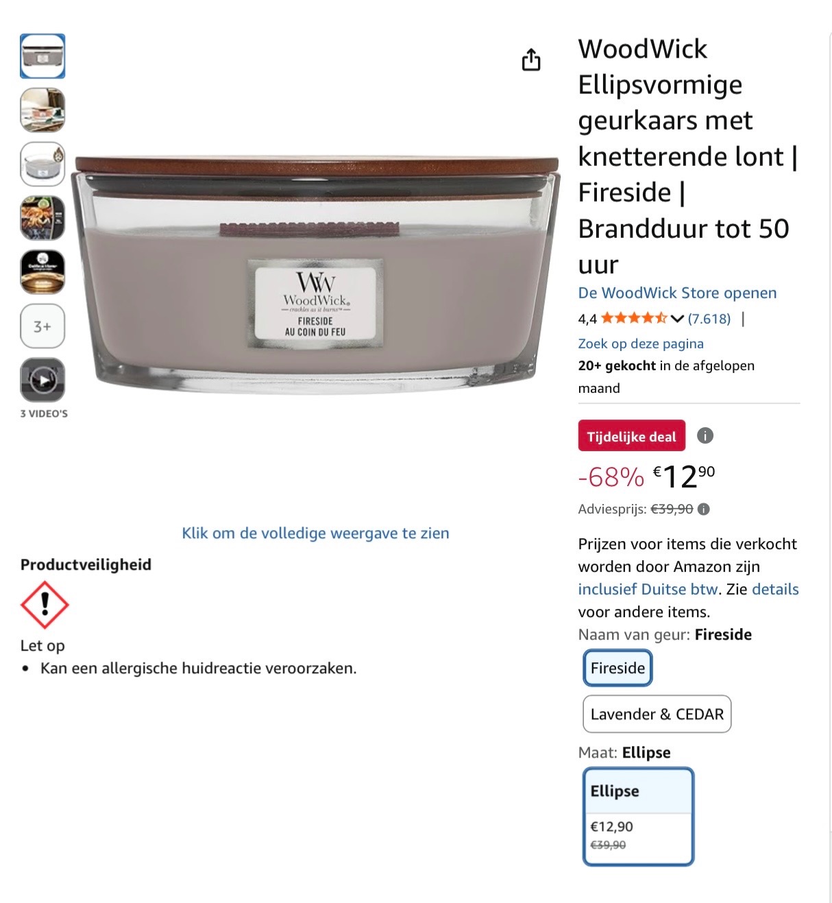 WoodWick Ellipsvormige geurkaars met knetterende lont -68%