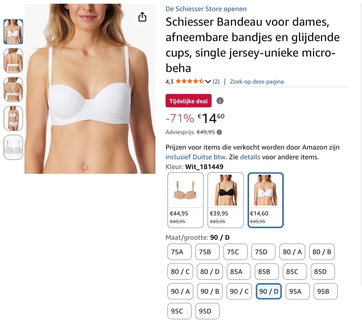 Schiesser Bandeau afneembare bandjes en glijdende cups 90D -71%