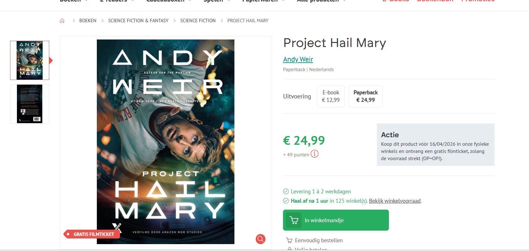 Gratis filmticket bij aankoop boek Project Hail Mary - Standaard Boekhandel