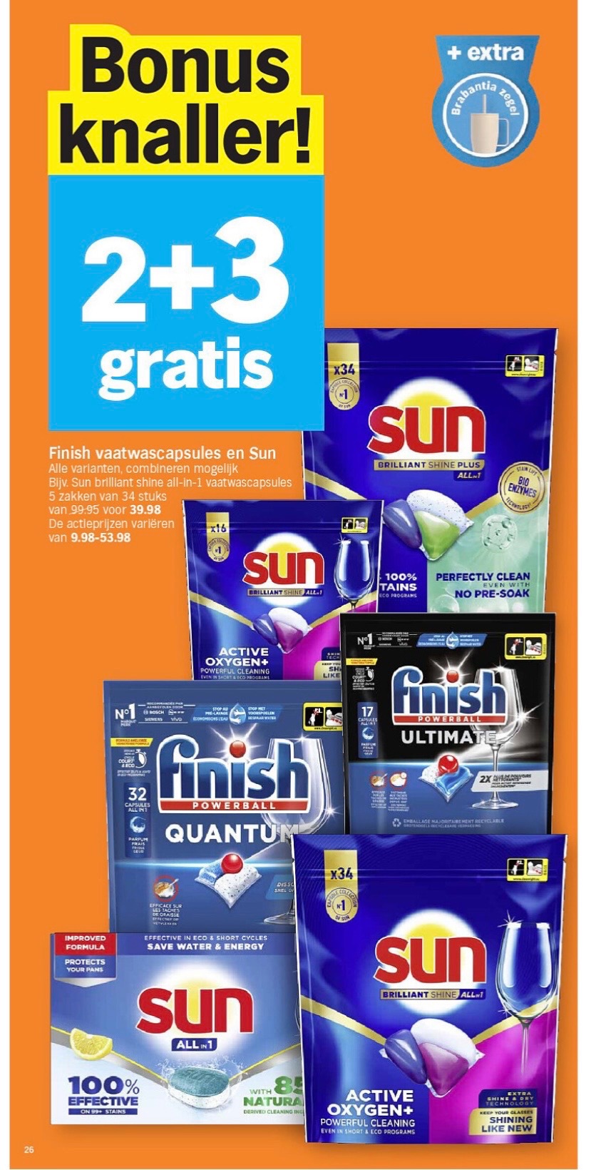 Finish en Sun vaatwasproducten 2+3 gratis bij ah