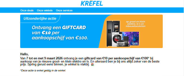 Giftcard t.w.v. €10 per aankoopschijf van €100 bij Krëfel