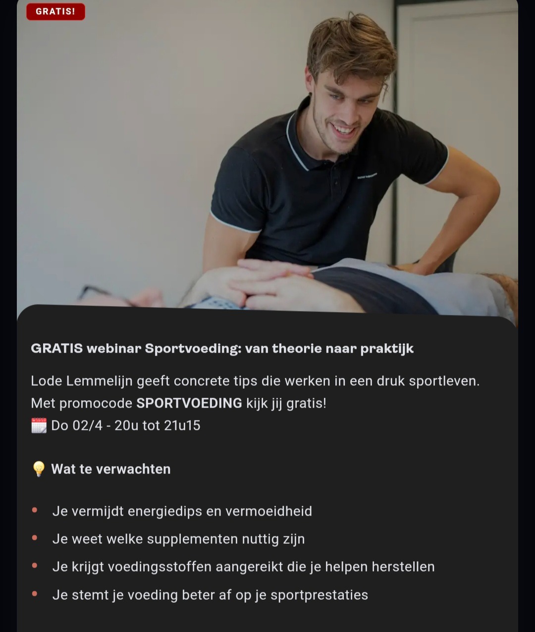Gratis online webinar sportvoeding door Lode Lemmelijn