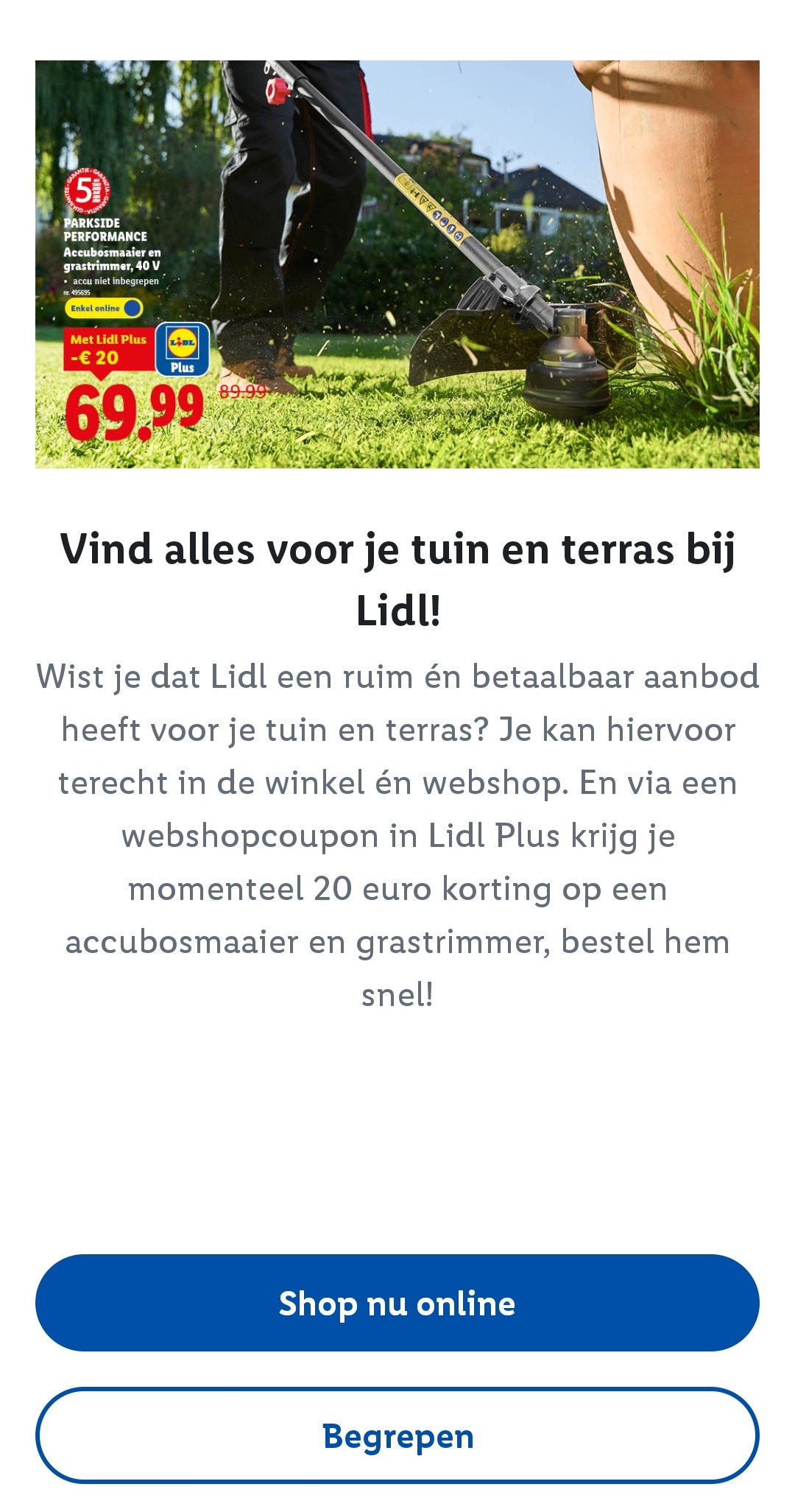 €20 korting via de Lidl Plus app op een accubosmaaier en een grastrimmer