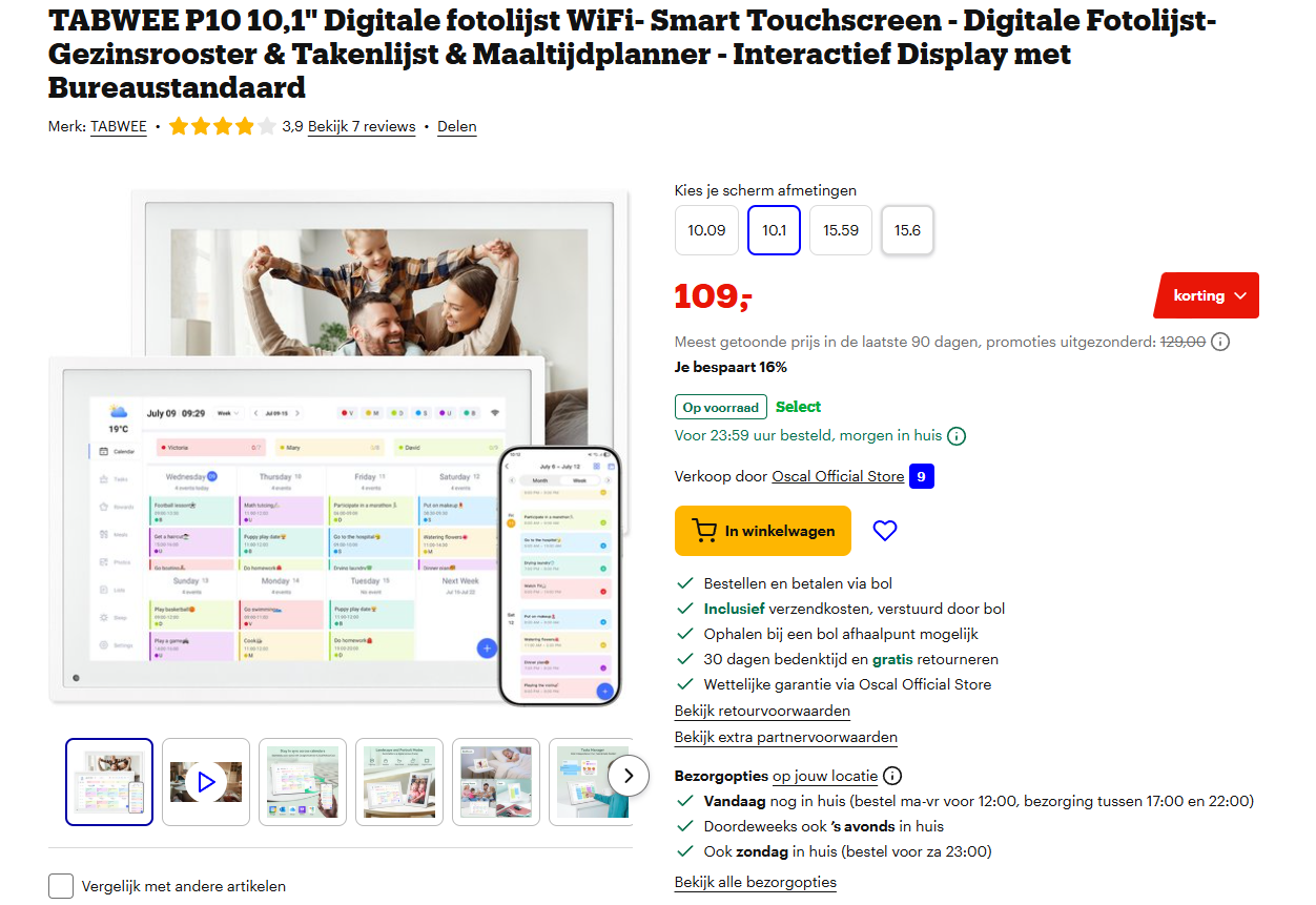 TABWEE P10 10,1" Digitale fotolijst WiFi- Smart Touchscreen