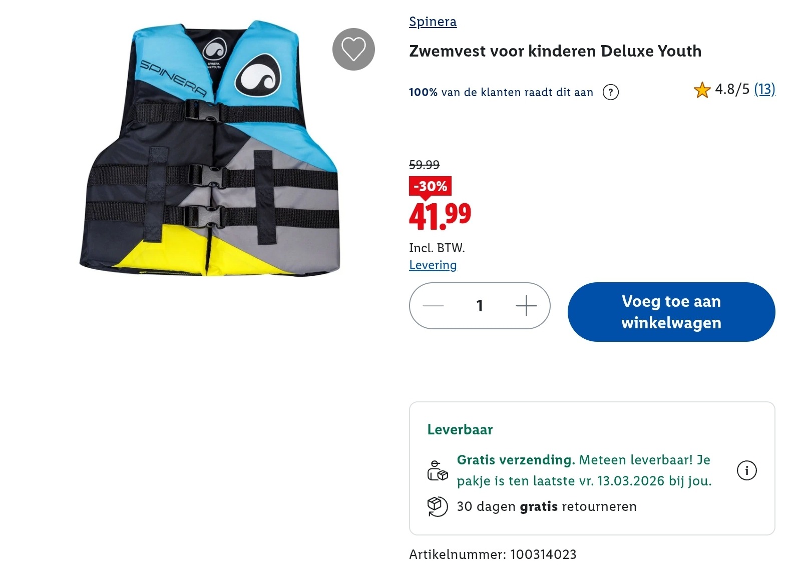 Spinera zwemvest maat junior 30 - 40 kg