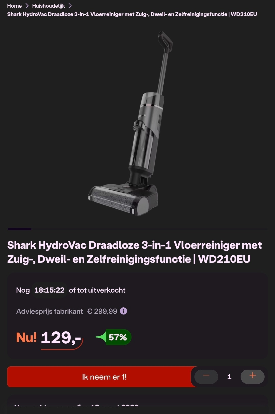 Shark HydroVac Draadloze 3-in-1 Vloerreiniger met Zuig-, Dweil- en Zelfreinigingsfunctie | WD210EU