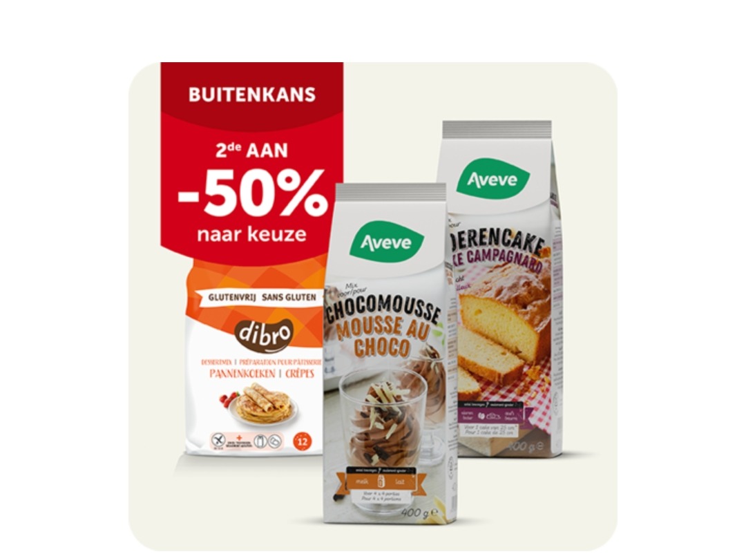 50% op 2e bakmix bij Aveve 💚