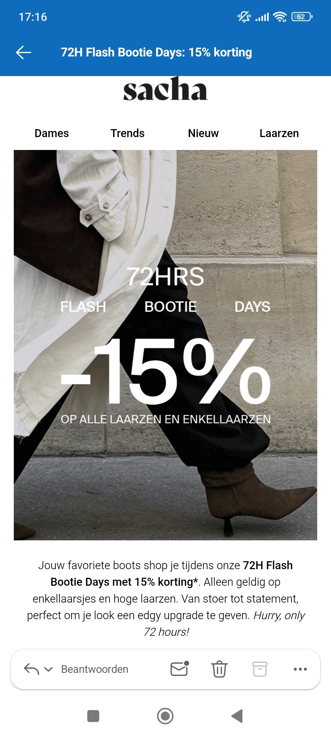 Sacha: 15% korting op enkellaarsjes en hoge laarzen.