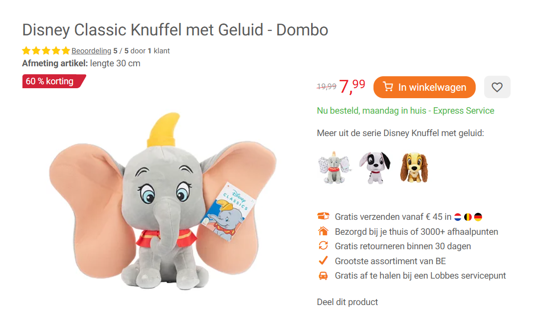 Disney Classic Knuffel met Geluid - Dombo