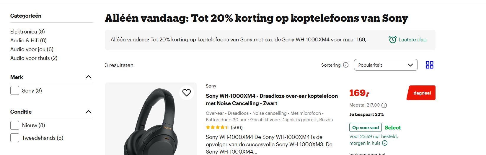 Dagdeal bol: Tot 20% korting op koptelefoons van Sony