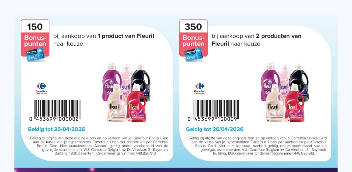 Super combinatie bonuspunten met Fleuril wasmiddel bij Carrefour