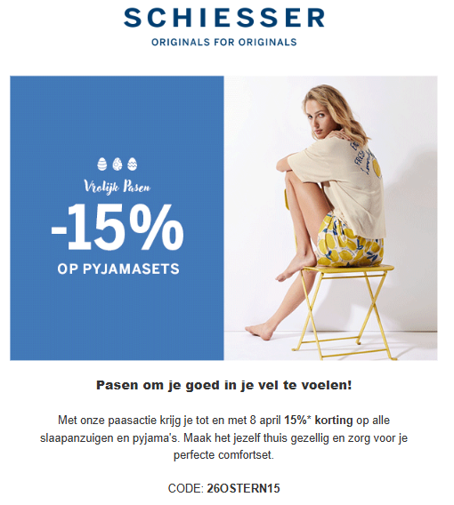 schiesser: 15% korting op slaapanzuigen en pyjama's