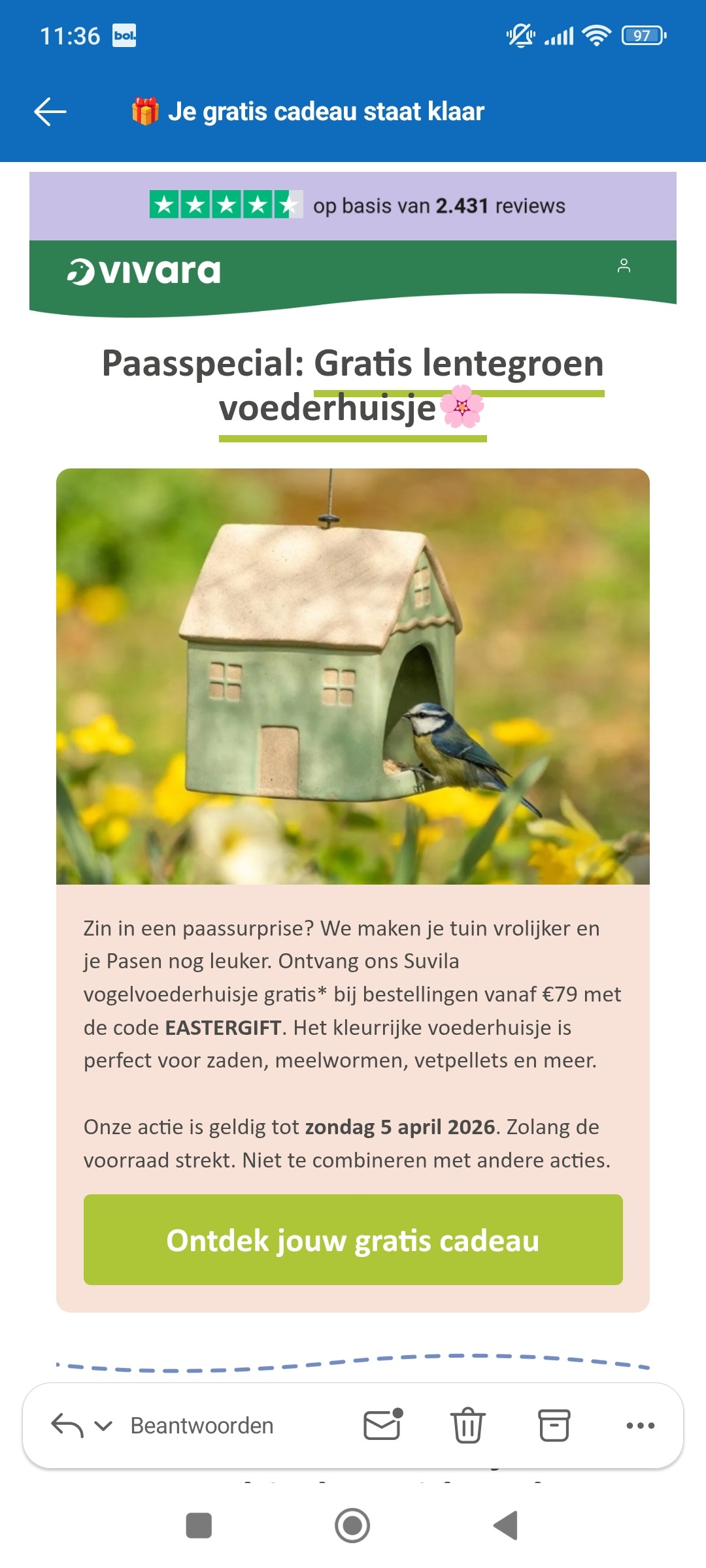 Vivara: gratis vogelvoederhuisje