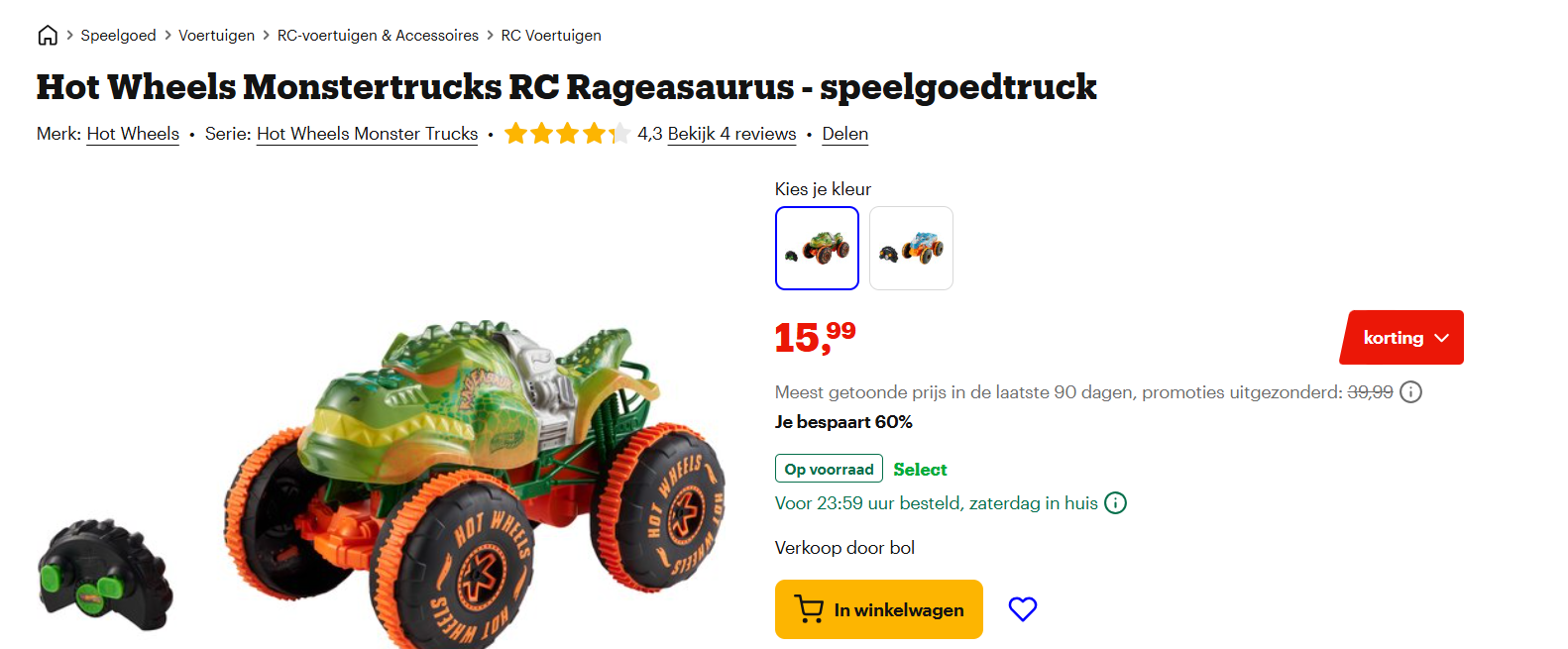 Hot Wheels Monstertrucks RC Rageasaurus - speelgoedtruck