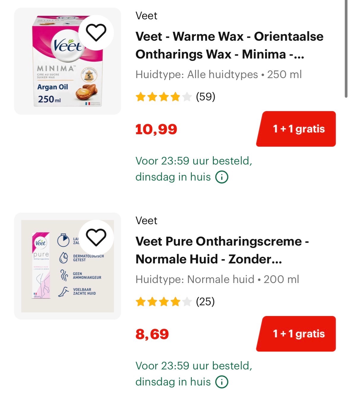 1 + 1 gratis op Veet artikelen