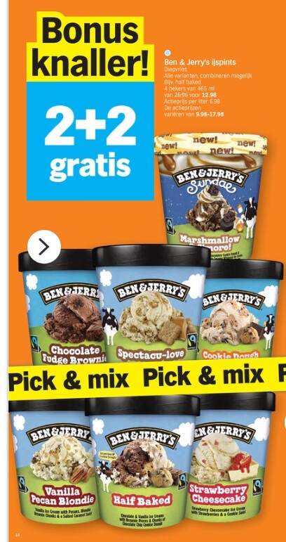 Ben&Jerry ijspints 2+2 gratis bij ah