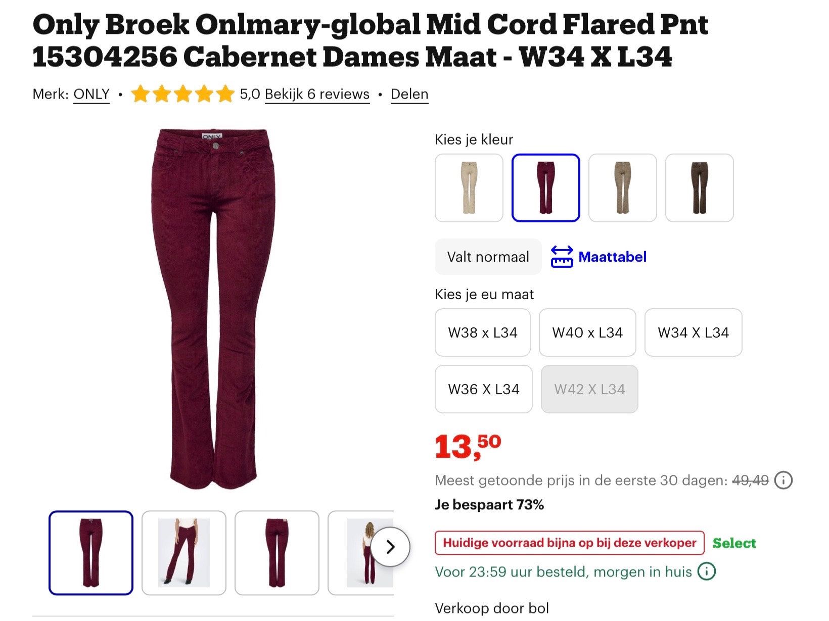 Only Broek Onlmary-global Cabernet Dames Maat - W34 X L34 -73%
