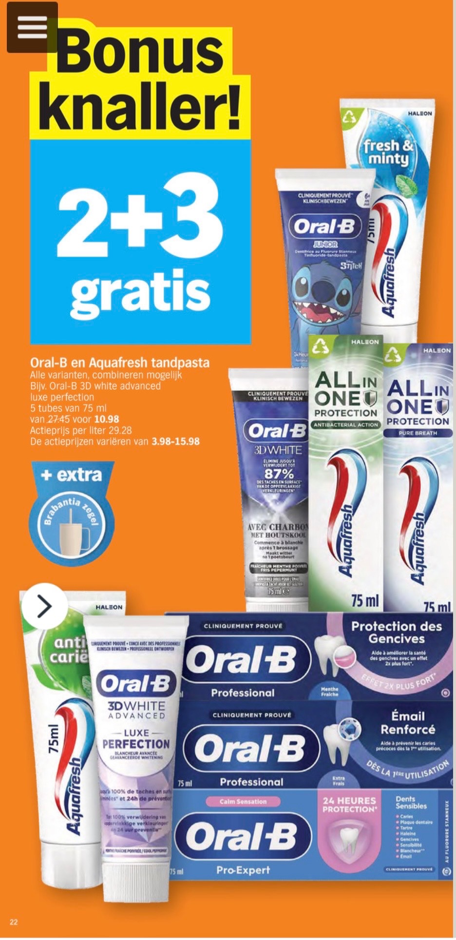 Oral B en aquafresh tandpasta 2+3 gratis bij ah
